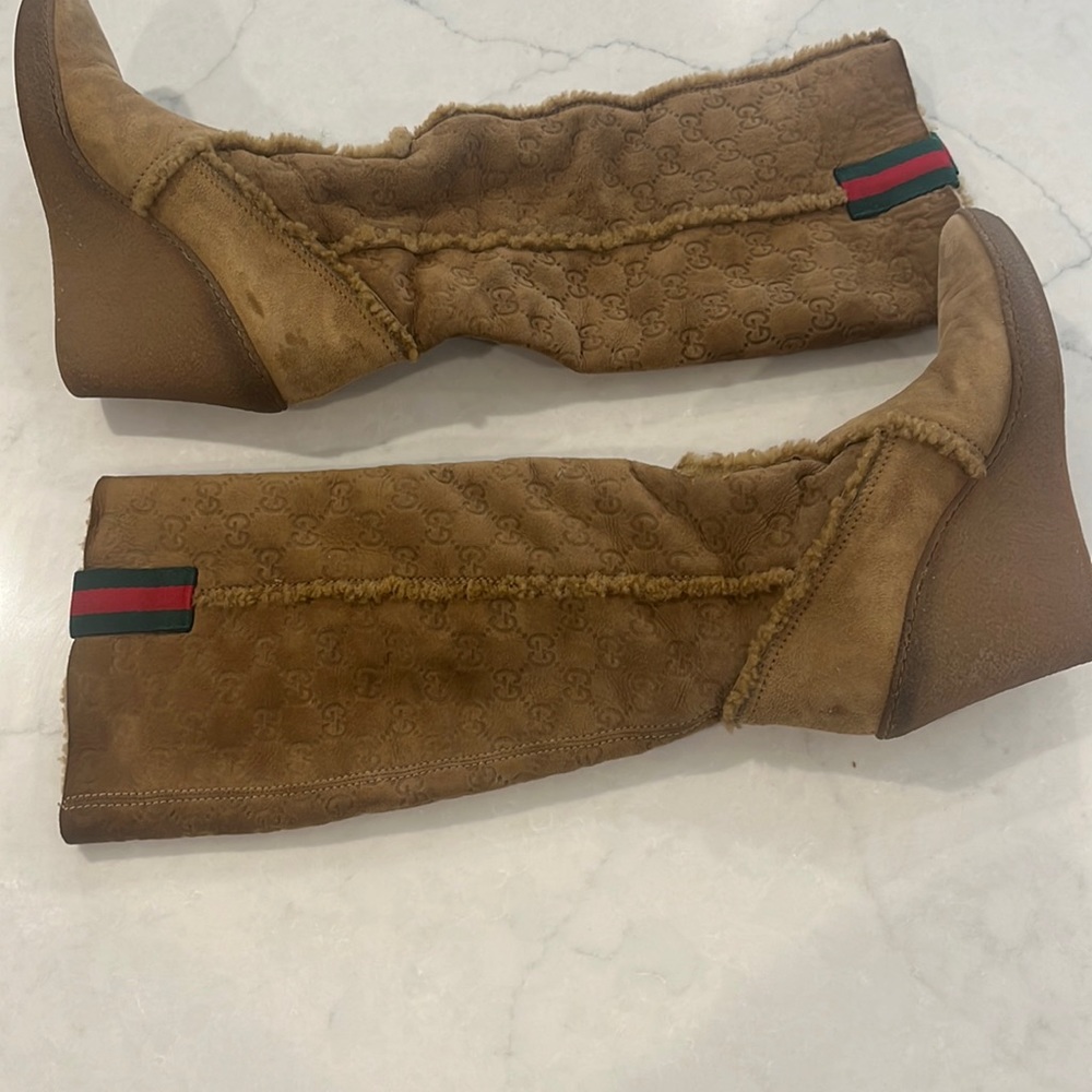 Gucci Camel GG Monogram Shearling Wedge Boots Size IT 36